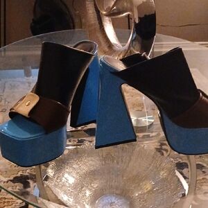 Lemon Blue and Black Chunky Platform Mule Heels